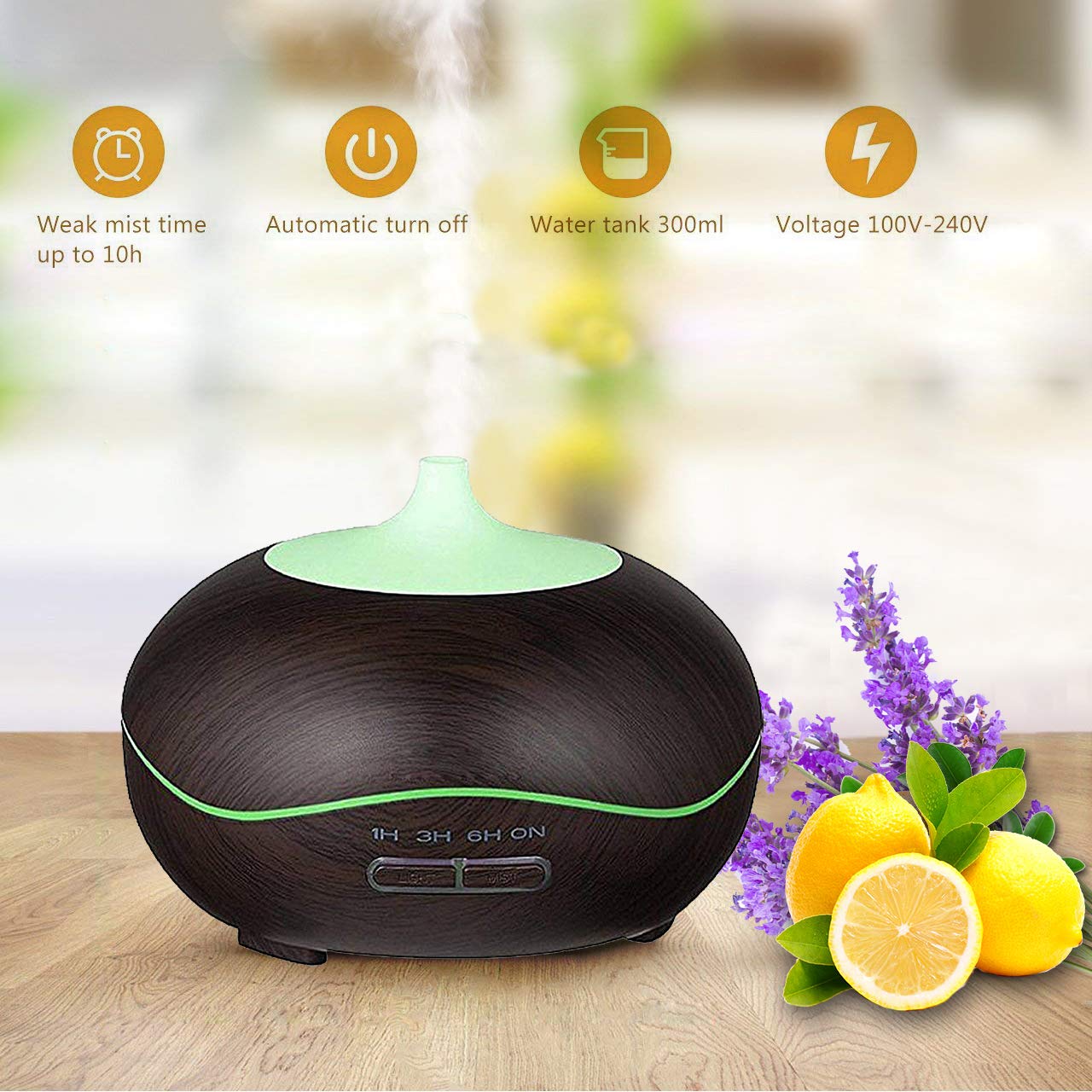 Aroma Essential Oil Diffuser 300ml for Aromatherapy with Adjustable Mist Modes Humidifiers with Auto Shut-Off, Changing Colored LED Lights for Home, Spa, Baby Room, Office(Black)