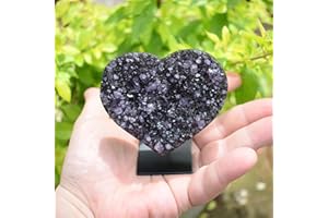 JIC Gem Deep Purple Amethyst Crystal Cluster Natural Druzy Heart 3.5" AA Color Beautiful Amazing Geodes Spiritual Healing Home and Office Decor with Base