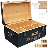 Large Bamboo Wood Seed Storage Organizer Box with Lid, Double-Layer Seal Design Seed Saving Box with Premium Coated Safety Lock, Handles, Extra Seed Envelopes and Labels, Great Gifts for Gardener