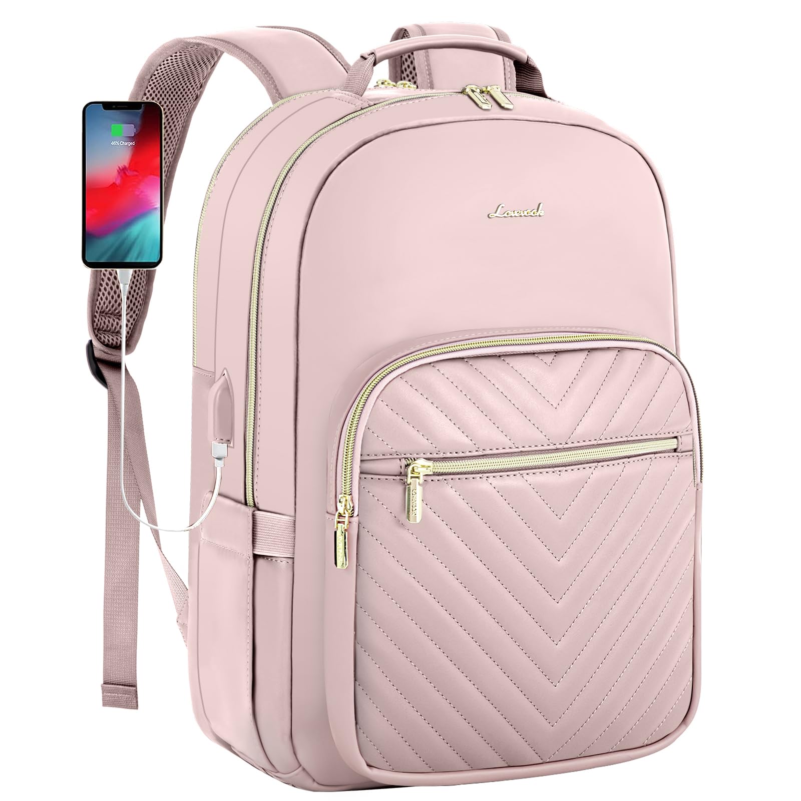 Photo 1 of LOVEVOOK Leather Backpacks for Women,15.6 inch Leather Laptop Backpack Women Computer Backpack Laptop Bag,Stylish Quilted Travel Backpack Purse Work College Teacher Backpacks with USB Port,Rose Pink