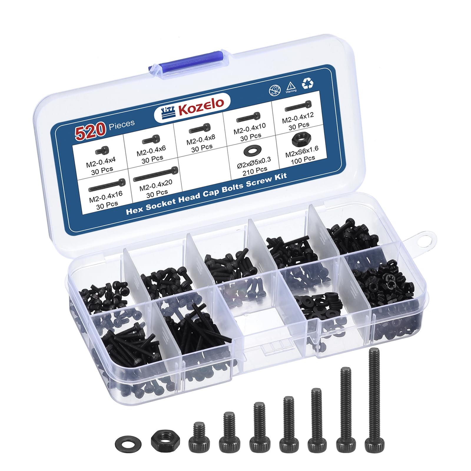Kozelo 520pcs M2 Socket Head Cap Screws Bolts Nuts Assortment Kit - [M2x4/6/8/10/12/16/20mm] Alloy Steel Fully Threaded Black Oxide 12.9 Internal Hex Screw for 3D Printer Use — image 1