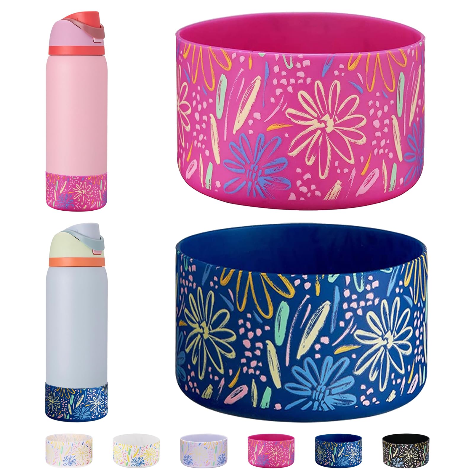 WK IEASON 2Pcs Silicone Water Bottle Boot for Owala 40oz, Protective Flask Bottom Cover Base for Owala FreeSip Twist and Flip Flask Bottles (Floral Print Carnation/Blue, 40OZ)