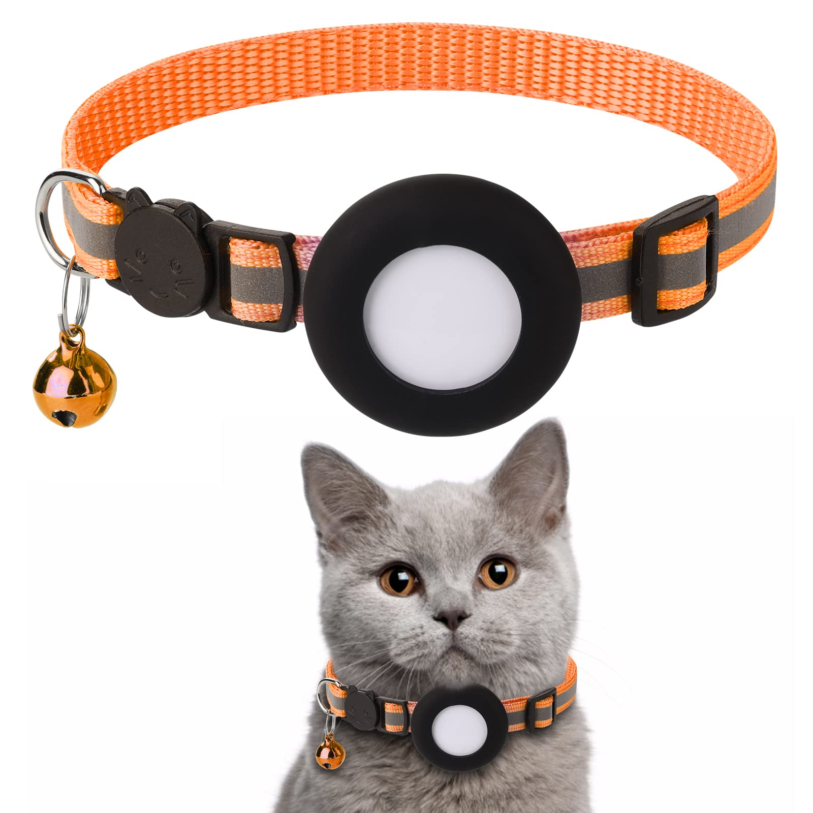 Airtag Cat Collar, Air tag Cat Collar with Bell and Safety Buckle in 3/8" Width, Reflective Collar with Waterproof Airtag Holder Compatible with Apple Airtag for Cat Dog Kitten Puppy (Old Orange) — image 1