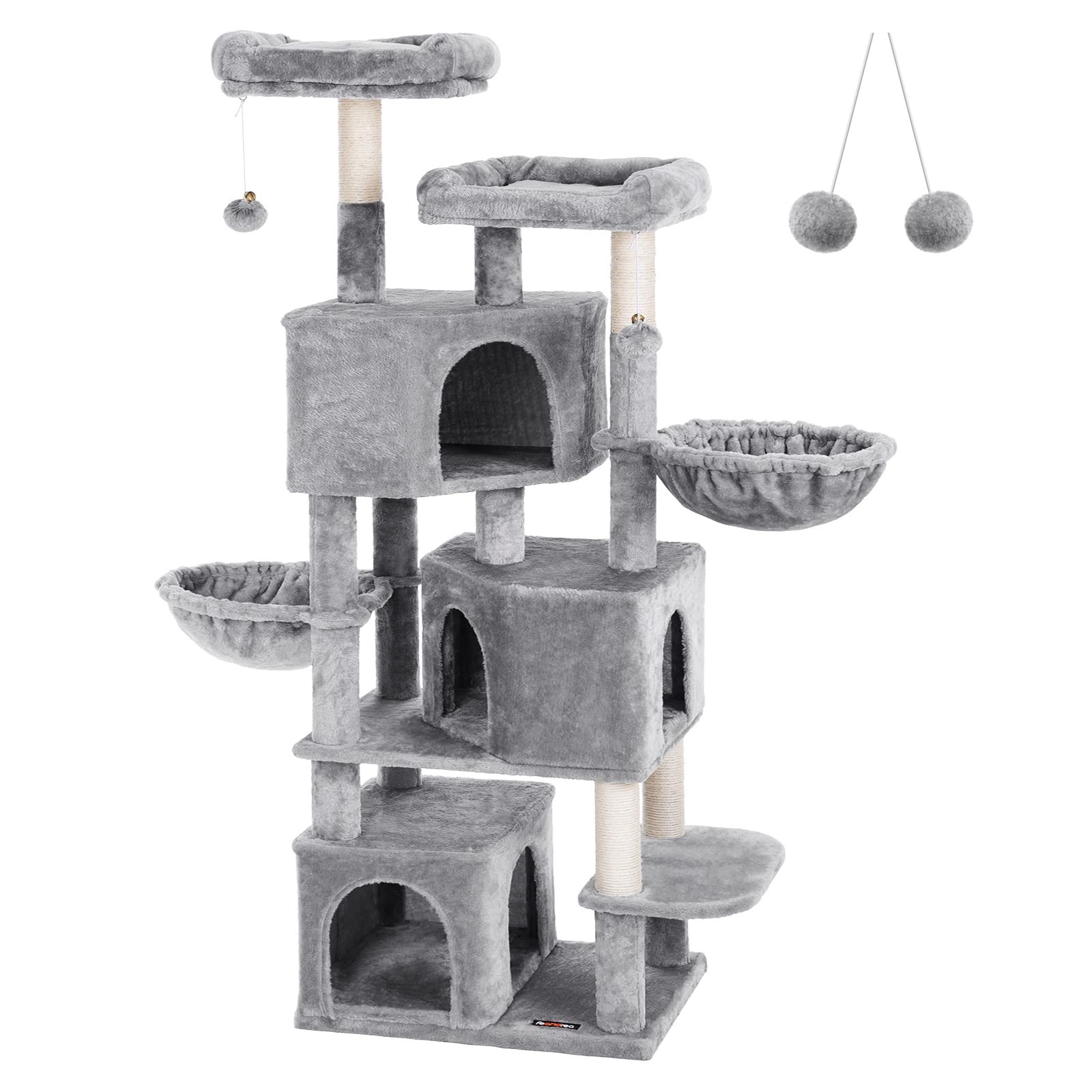 FEANDREA Large Cat Tree with 3 Cat Caves, 164 cm Cat Tower, Light Grey PCT98W
