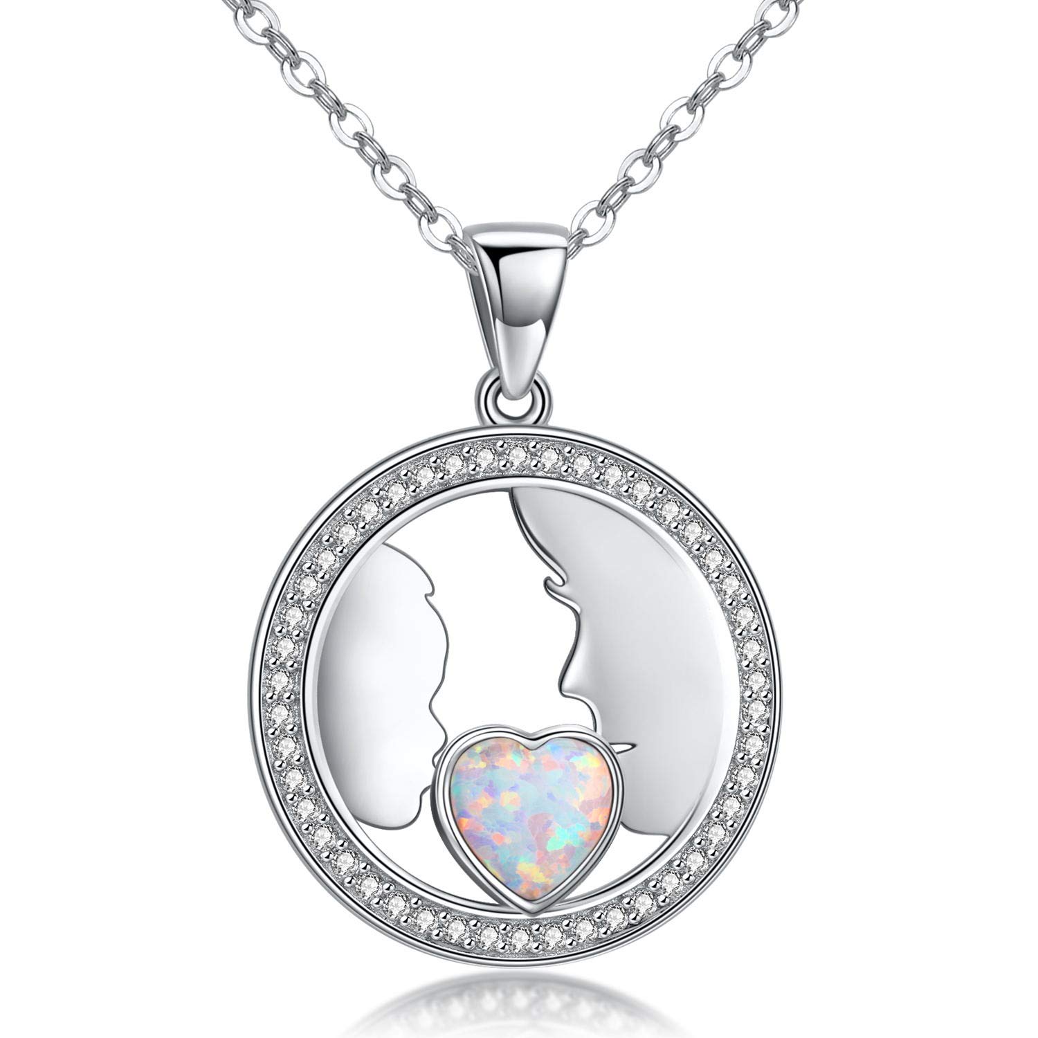 KINGWHYTE Gift for Mum Necklace 925 Sterling Silver Mother and Daughter/Son Pendant with Opal Heart Chain Birthday Jewellery Gifts for Ladies Women Girls — image 1