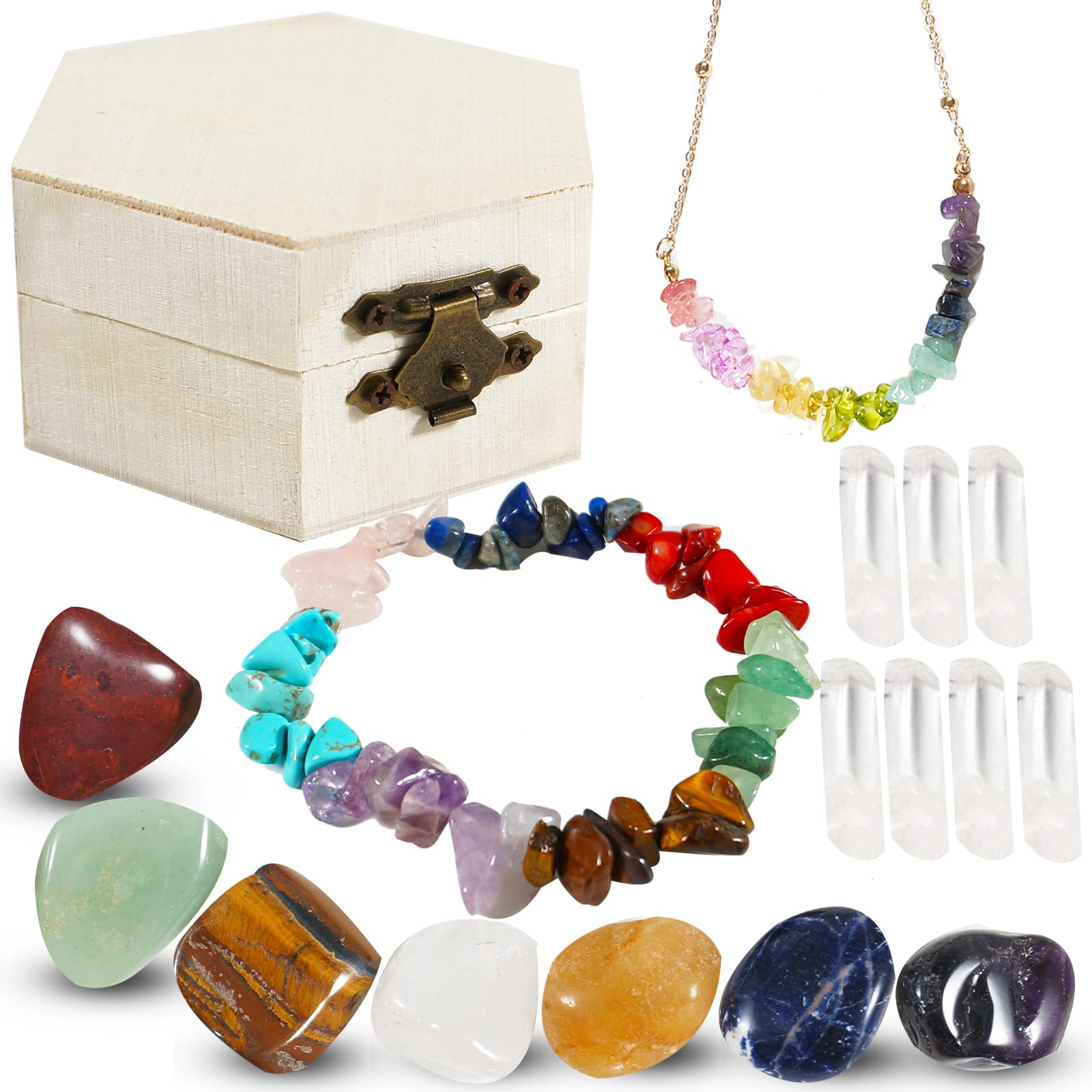 Healing Crystal Natural Energy Seven Chakra Crystal Thumb Pocket Stone Raw Stone Crushed Stone Necklace and Bracelet White Crystal Hexagonal Prism for Yoga Reiki Meditation
