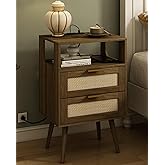 Veegle Rattan Nightstand with Charging Station,Modern Bedside Table with 2 Storage Drawer and Open Wood Shelf, for Bedroom and Small Spaces,Night Stand with Solid Wood Legs (Walnut Brown)
