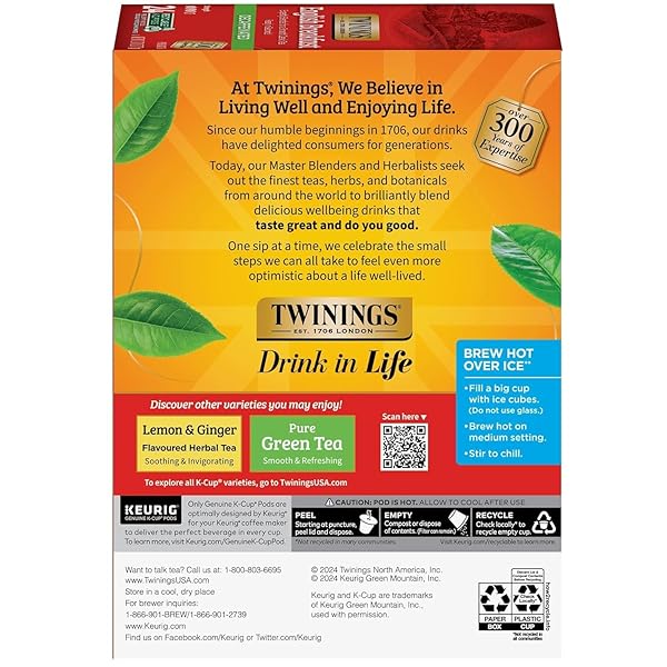 TWININGS DECAFFEINATED ENGLISH BREAKFAST BLACK TEA K-CUP PODS FOR KEURIG, 24 COUNT (PACK OF 1), SMOOTH, FLAVOURFUL, ROBUST, ENJOY HOT OR ICED