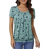 DJT Women's Short Sleeve Summer Tops Scoop Neck Pleated Front Casual Tee T Shirt