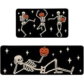 pahhjsa Halloween Skeleton Kitchen Mat Decor Non Slip Washable Black Happy Halloween Kitchen Rugs Set of 2 Indoor Spooky Skull Floor Mat Kitchen Decorations