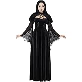 MEOWCOS Women Gothic Dress Wicked Witch Halloween Dress Evil Witch Spider Web Flared Sleeve Maxi Dress