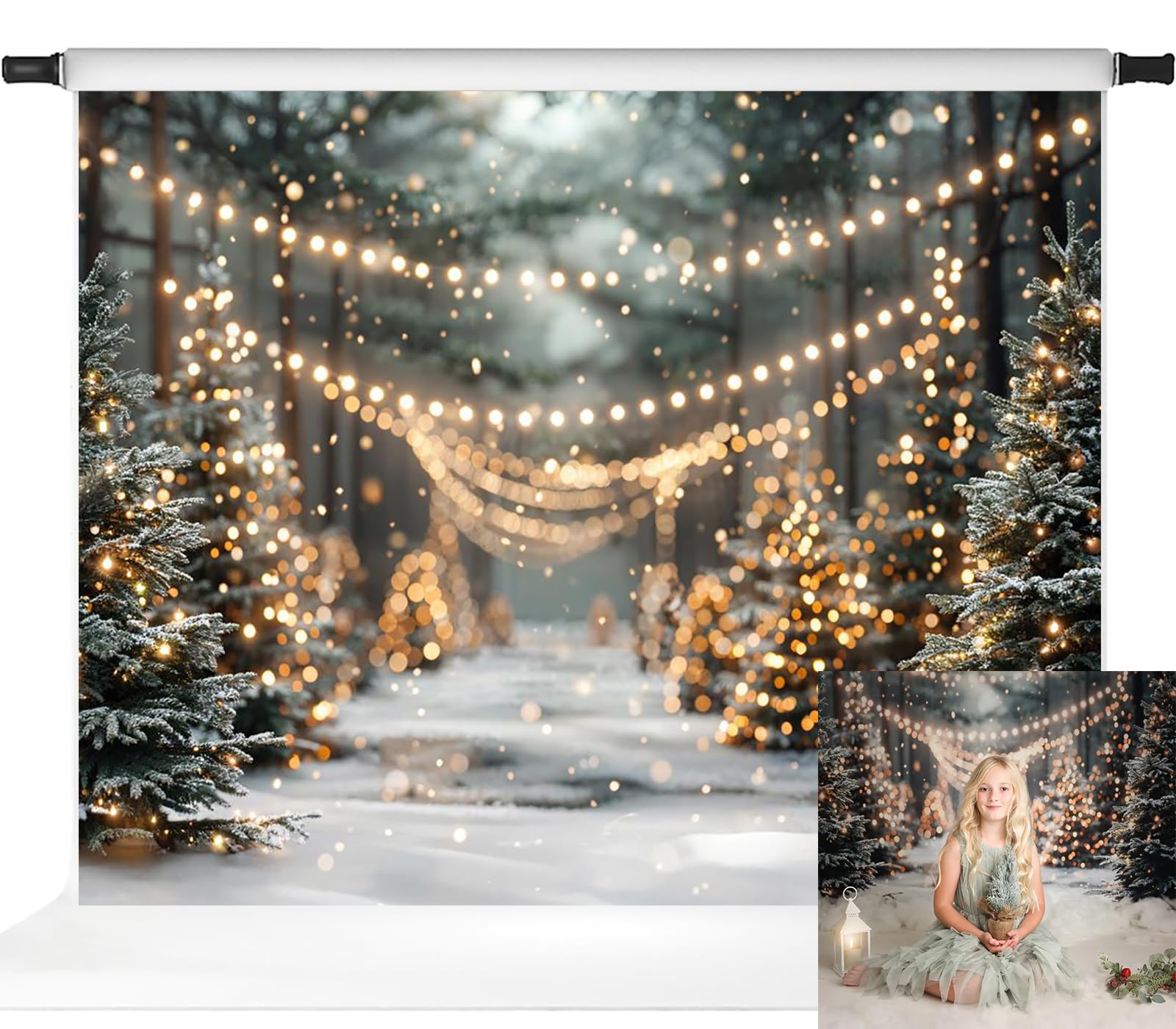 Photo 1 of Kate Christmas Trees Backdrop with Twinkling Lights Winter Wonderland Photography Background Outdoor Christmas Theme Photo Background, 10x8ft