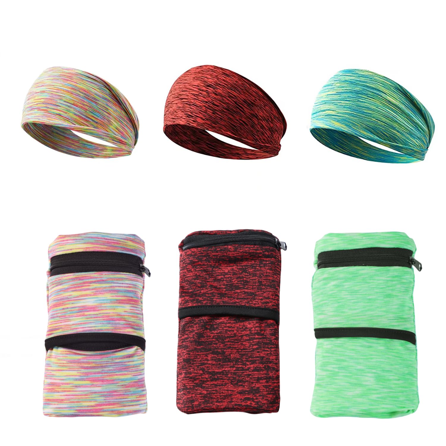 Wrist Pouch, Pocket Wallet with Zippered for Running, Walking, Hiking, Cycling, Yoga and More (S, Rainbow+Purplish Red+Emerald Green+3 Headband)