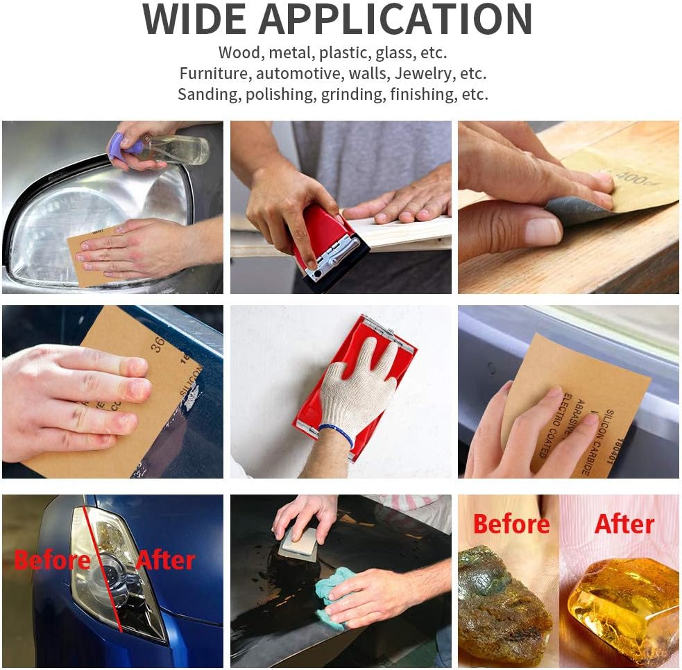 Sandpaper Assortment Girt 120 to 3000 Sand Paper with Sanding Block Sander, Wet Dry Variety Pack Abrasive Sandpapers for Wood Automotive Car Furniture Metal Polishing Finishing, 9х3.6” - - 