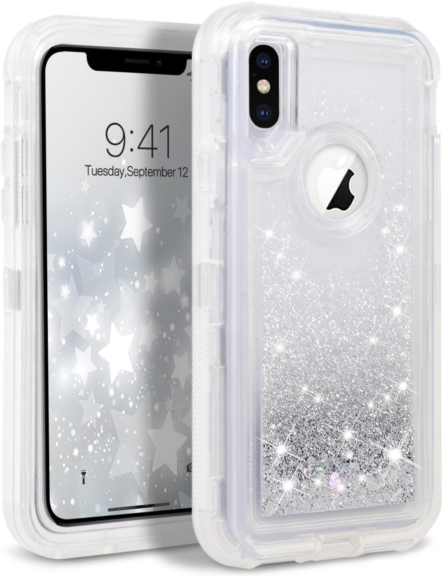 Winhoo Back Cover Case for iPhone X Full Body Rugged Liquid Glitter 3 in 1 Hybrid Hard PC Silicone Shockproof Sparkle Hearts Quicksand Bling Transparent Protection Cover Case - Silver