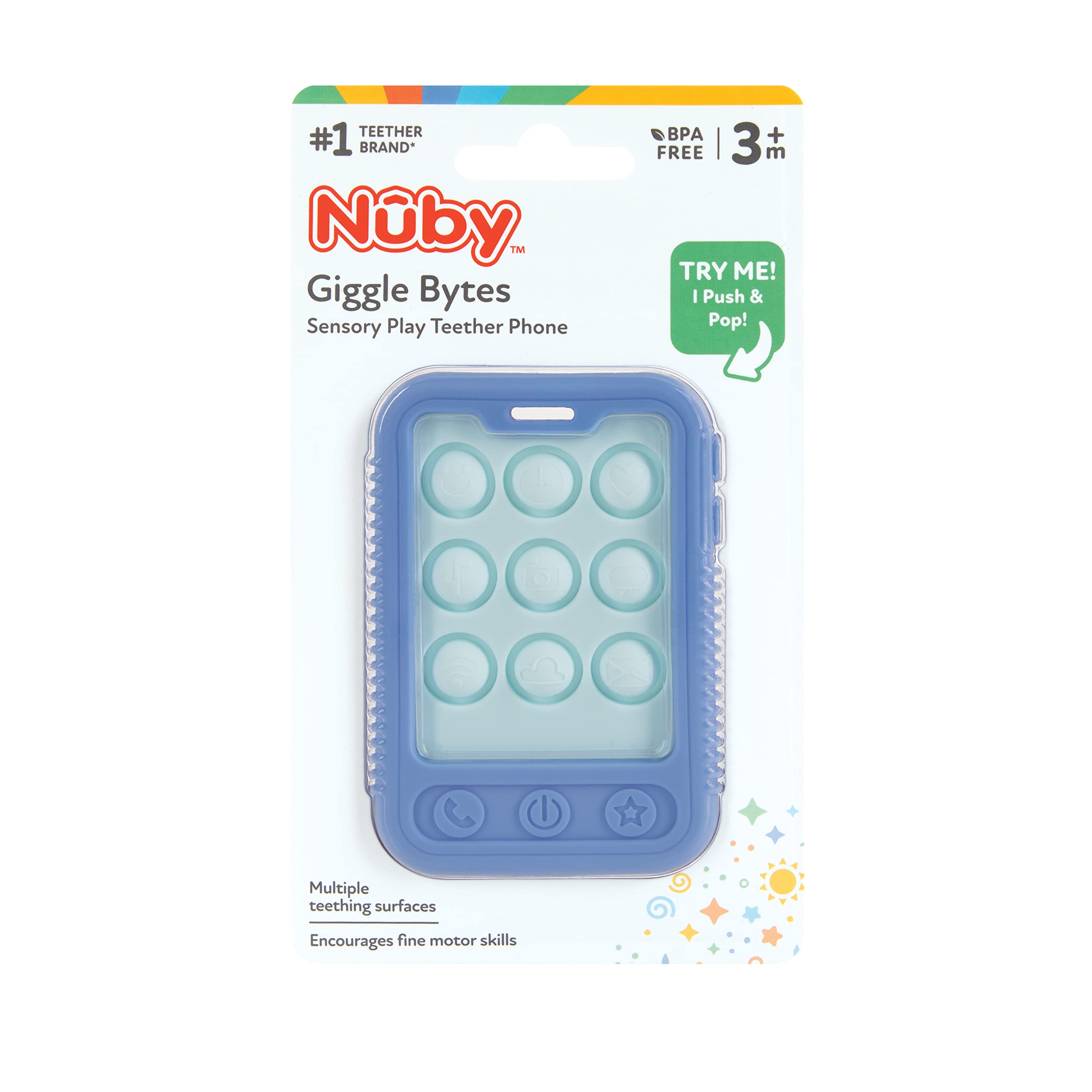 Nuby Baby Teething Toy, 3+ Months, Giggle Bytes Sensory Popper Cellphone, Blue