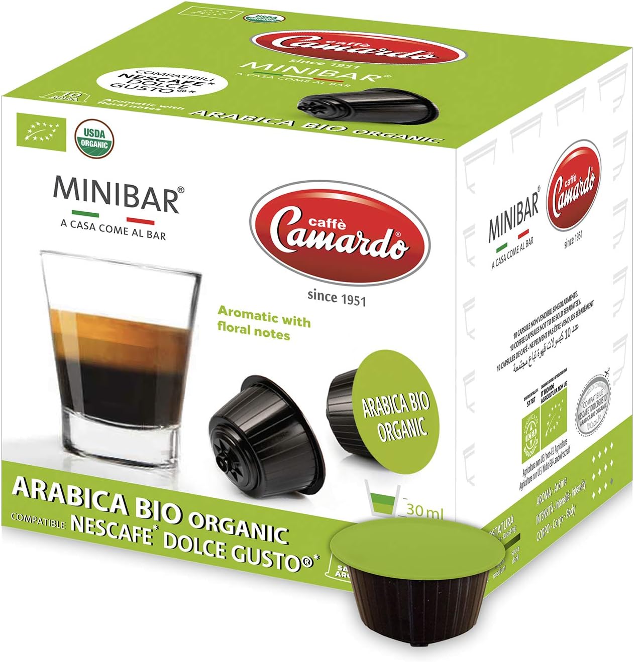 CAMARDO Coffee 120 Coffee Capsules Compatible with Nescafé®* Dolce Gusto®* Coffee Machine- Arabica BIO Organic Blend –Certified Organic Coffee USDA - Made in Italy - 12 Boxes of 10 Capsules
