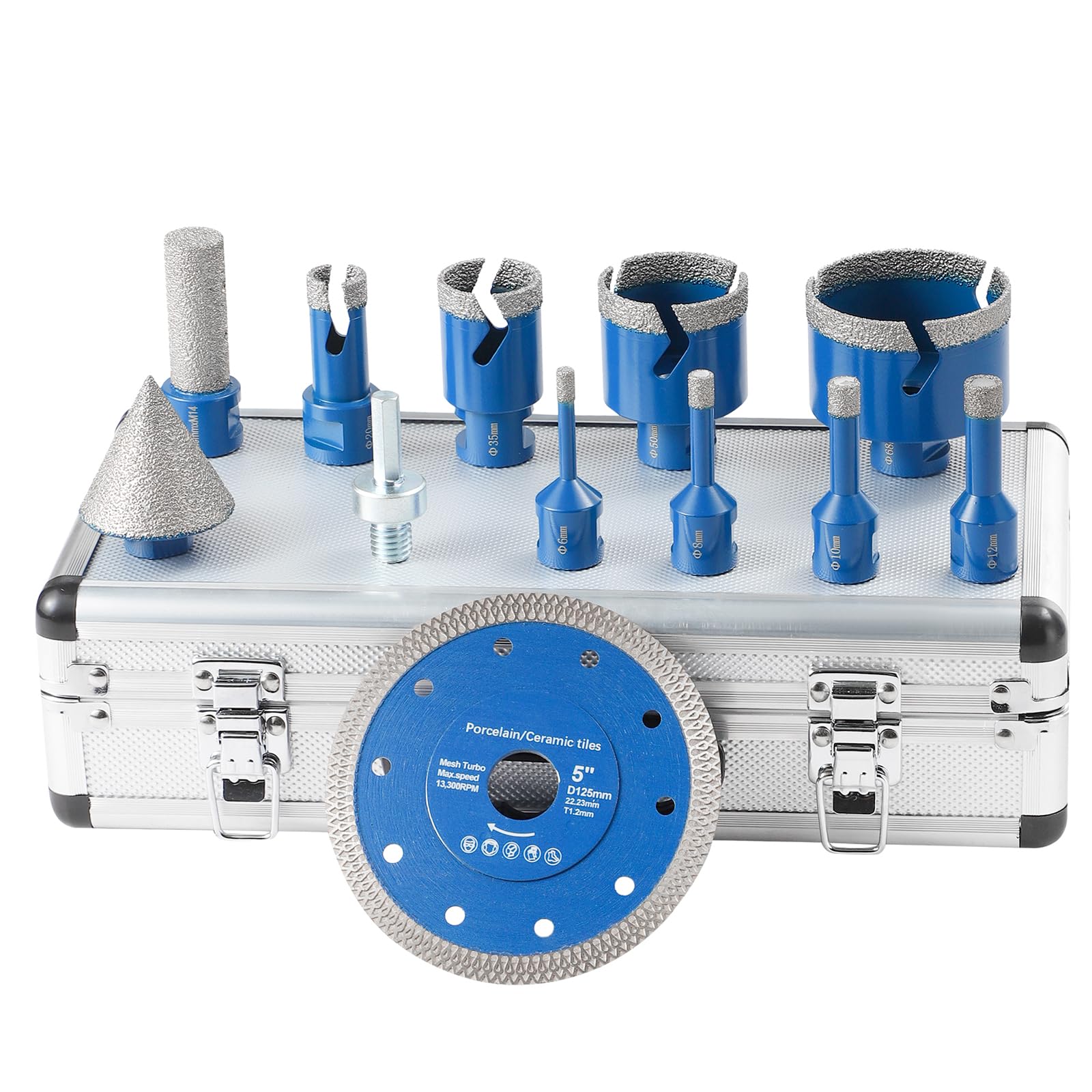 DWIKE 12tlg Diamant Fliesenbohrer Set 6/8/10/12/20/35/50/68mm M14 Diamant Bohrkrone Lochsäge mit 125mm Trennscheibe mit 50mm Fasenbohrer ein Adapter Für Winkelschleifer Lochsäge Set Granit Fliesen