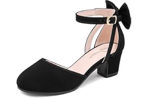 Parrosoo Girls Heels Dress Shoes Flower Girl Pumps with Cute Bow Closed Toe High Heels Adjustable Buckles Wedding Party