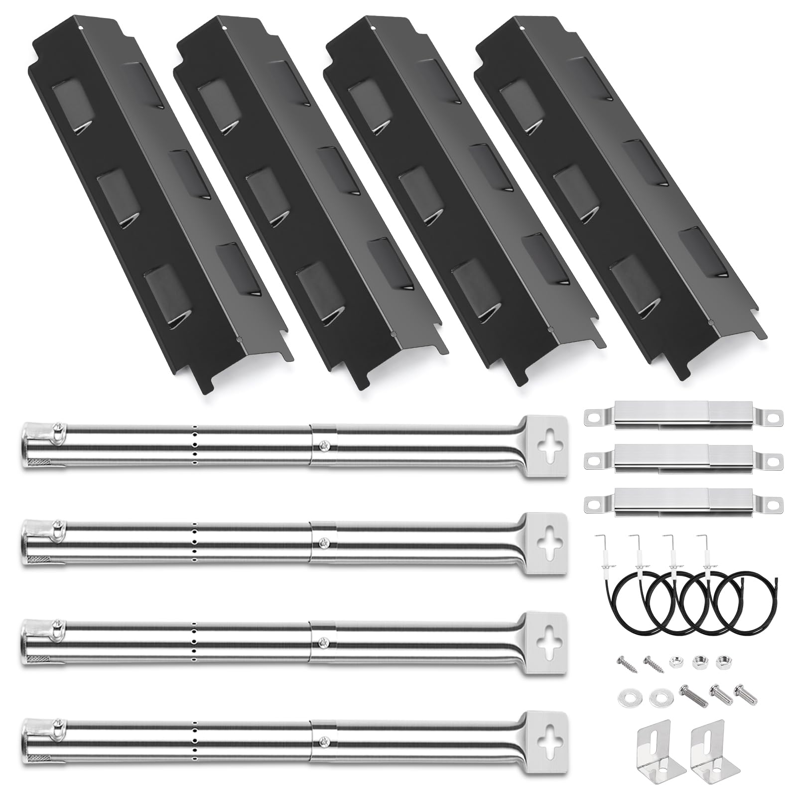 GFTIME 37cm Grill Replacement Parts for Charbroil, Barbecook Vanilla, Barbecook 300, Tenneker TG4 Gas Grills, Stainless Steel Burners, Crossover Tube, Porcelain Heat Plate Flame Tamer Spare Part 4 kit