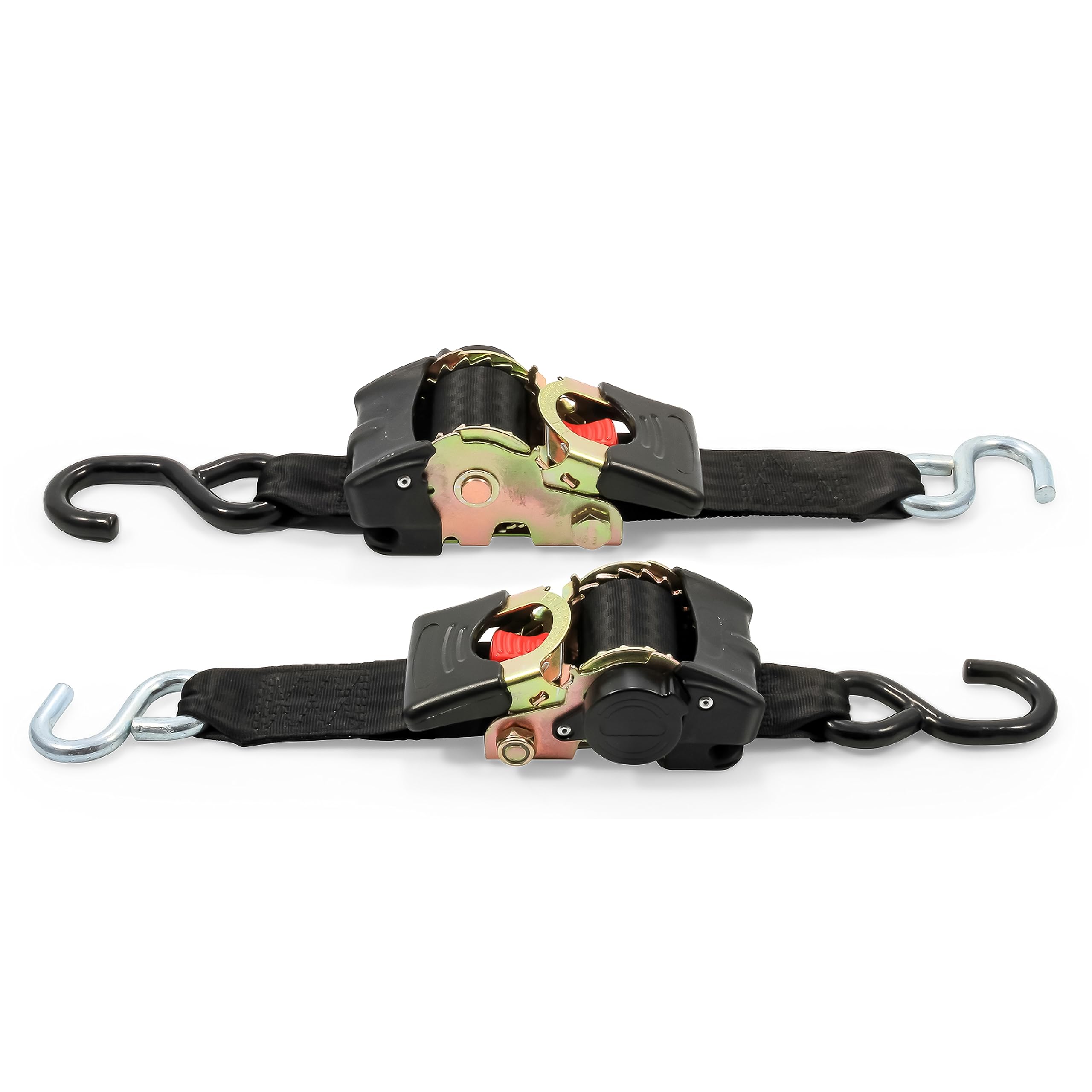 Camco Retractable Transom Tie Down Straps | Break Strength of 3,330lbs and Safe Working Load of 1,100lb | 2-Pack, Durable Polyester Webbing (50031)