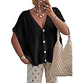 PRETTYGARDEN Womens 2026 Spring Oversized Cardigans Batwing Short Sleeve Lightweight Button V Neck Casual Knit Sweater Tops