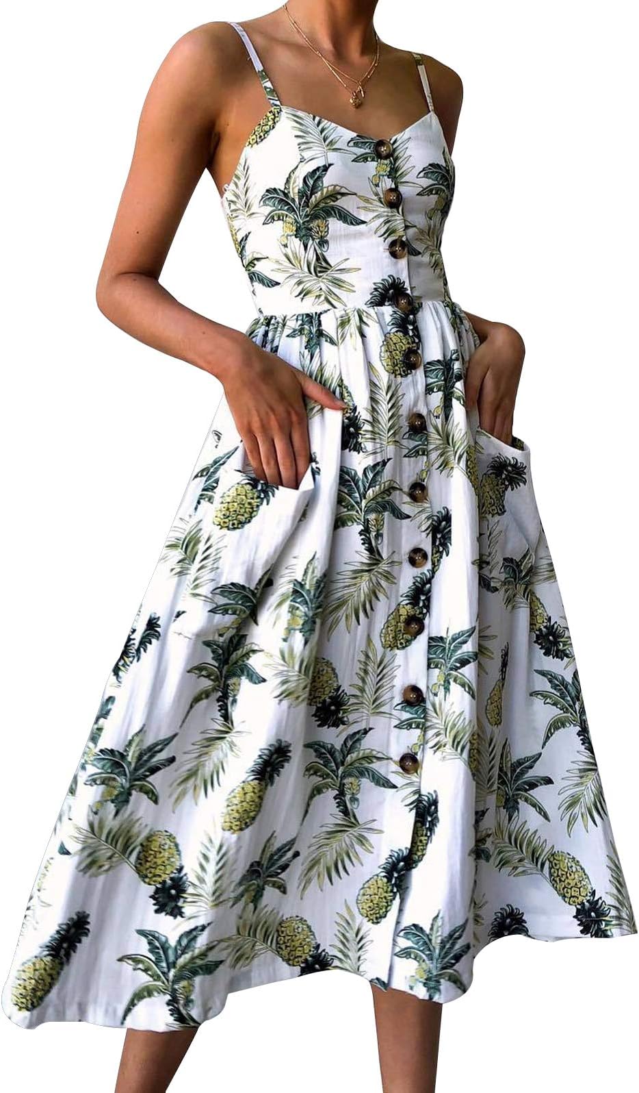 Women's Dress Summer Spaghetti Strap Sundress Casual Floral Midi Backless Button Up Swing Dresses with Pockets S-3XL