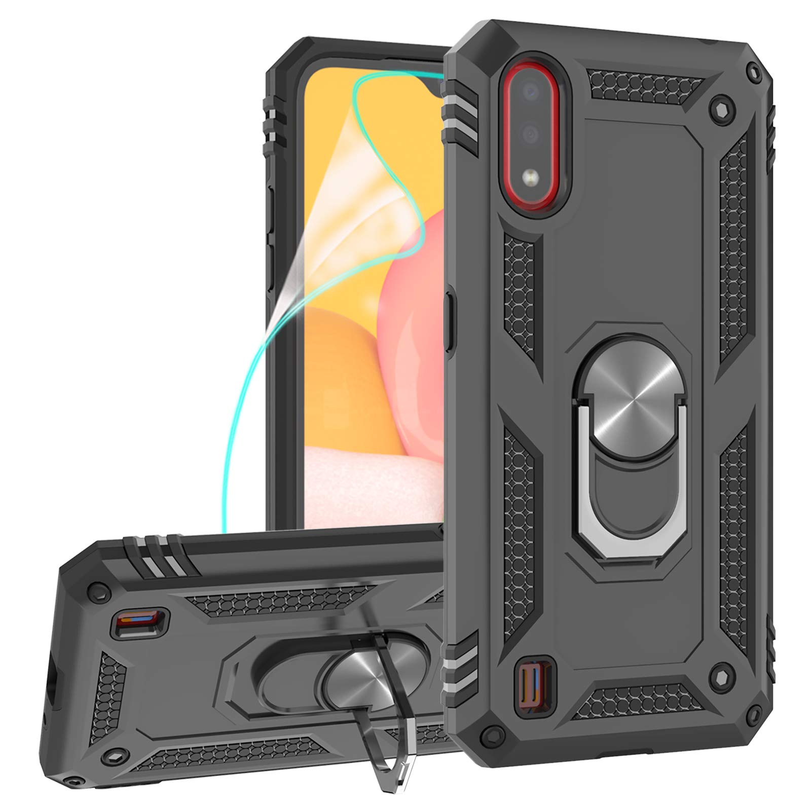 ZingCon Compatible for Samsung Galaxy A01 Case [HD Screen Protector],Military-Grade Defender Phone Case with Magnetic Ring Kickstand for Samsung A01-Black