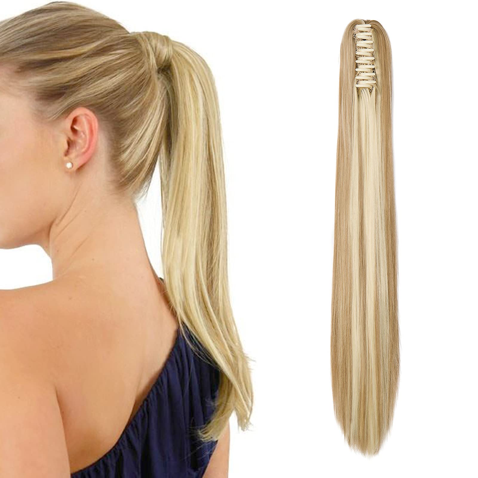 Cybelleza 22inch Ponytail Hair Extensions Ponytail Claw Jaw on Long Straight Pony Tails Clip in Hair Extensions Synthetic Hair pieces for Women (Sandy Blonde&Bleach Blonde) — image 1