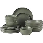 Gibson Elite Menlo Park 16-Piece Pottery Clay Stoneware Dinnerware Set – Green Reactive Glaze, Organic Shape Embossed Plates and Bowls W/Pasta Bowl, Service for 4 – Microwave & Dishwasher Safe