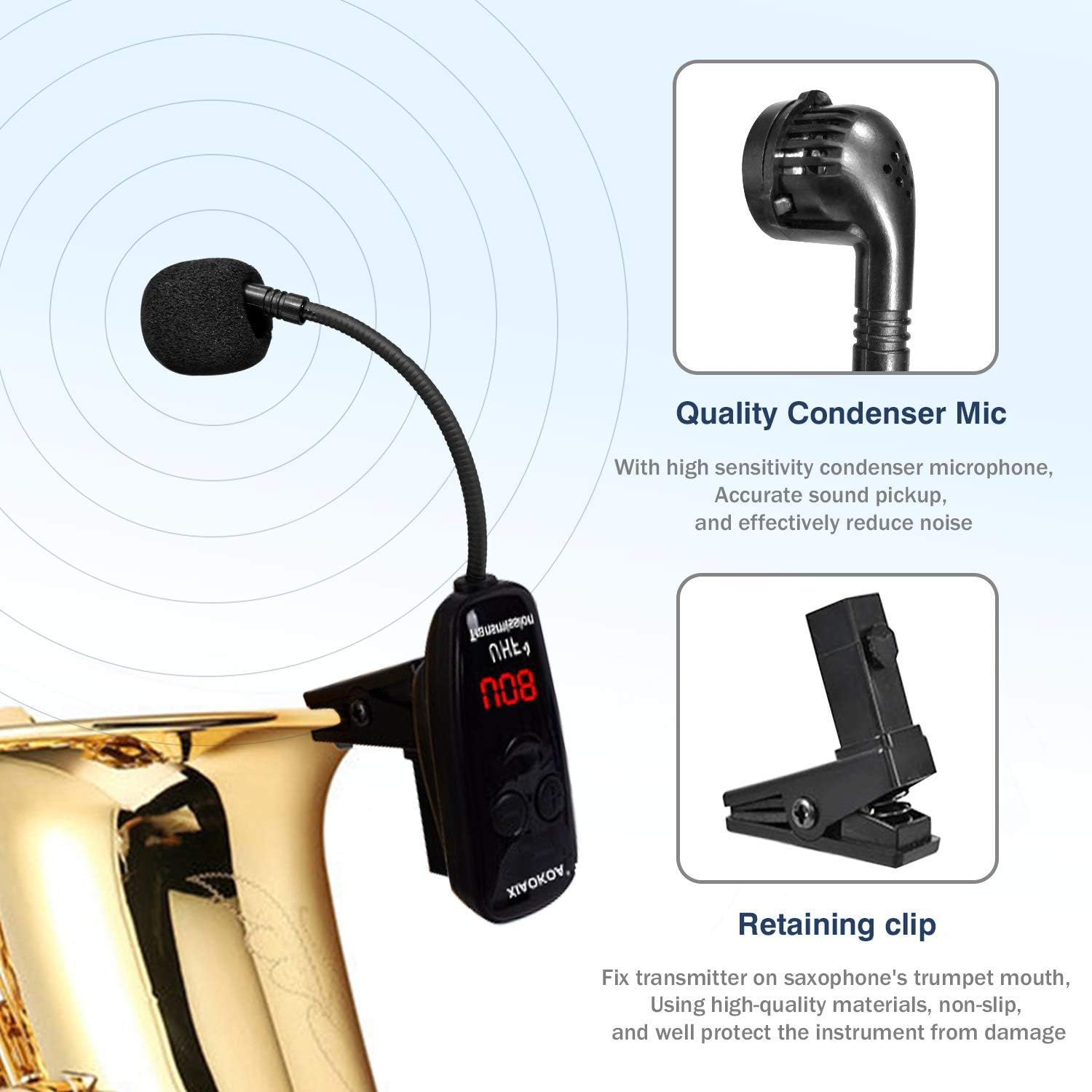 XIAOKOA UHF Wireless Instruments Microphone,Saxophone Microphone,Wireless Receiver and Transmitter,160ft Range,Plug and Play,Great for Trumpets, Clarinet, Cello: Home Audio & Theater