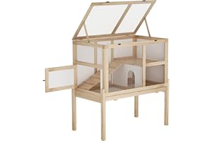 DAWNSPACES Large Guinea Pig Cage for 2, Small Animals Rabbit Cages, 2 Stories Indoor Wooden Guinea Pig House Habitat Playpen with Ramp, Hideout, Platform, Pull Out Tray, Burlywood & White