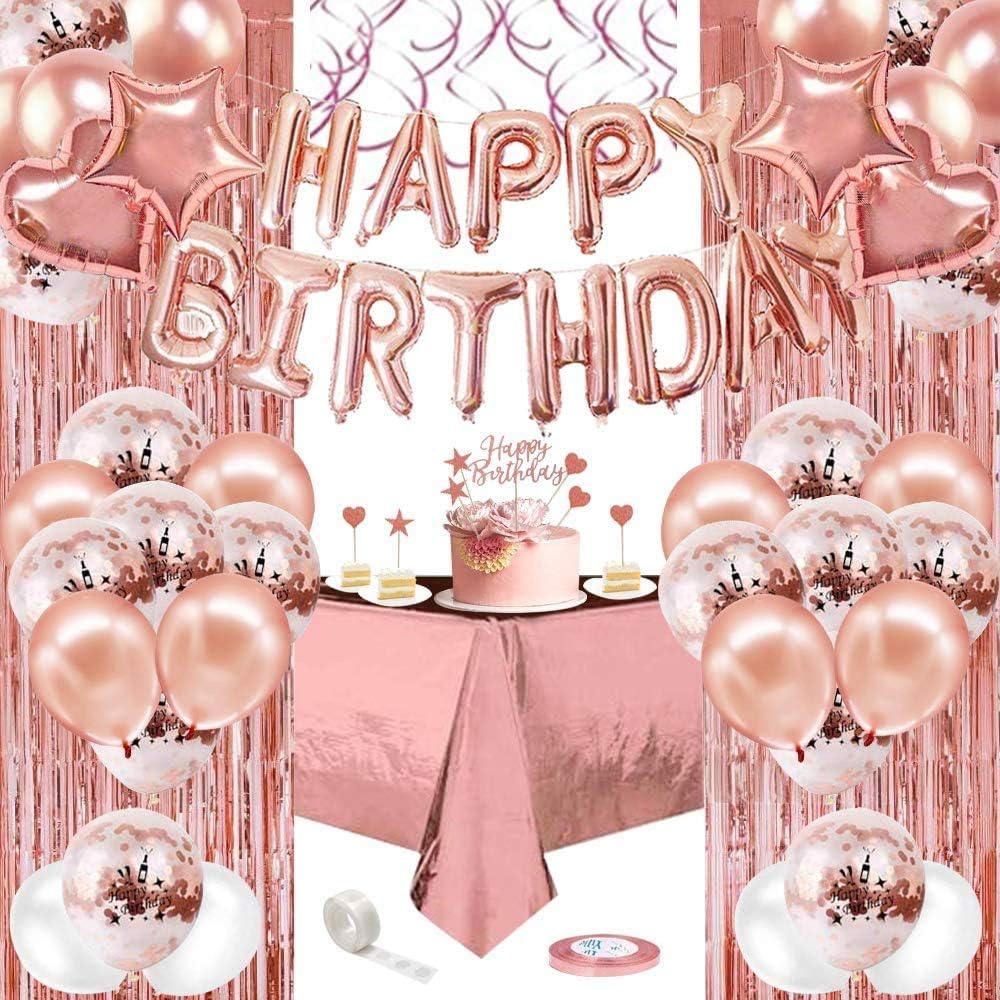 Rose Gold Birthday Decorations, Happy Birthday Banner Rose Gold White Latex Confetti Balloons Foil Balloon, Rose Gold Foil Curtains Plastic Tablecloth for Girl Women Birthday Party Supplies