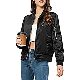 Rasujie Satin Bomber Jacket Women Zip Up Varsity Jacket Fall Windbreaker Outerwear with Pockets