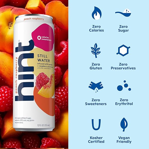 HINT CANNED WATER, PEACH RASPBERRY – PURIFIED FLAVORED WATER WITH ZERO CALORIES, NATURAL FLAVORS, AND SUGAR FREE – 12 FL OZ CANS (PACK OF 12)