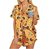 Tenopuli Women Halloween Satin Pajama Shorts Set Cute Print Button Up Shirt Lounge Shorts Outfits Short Sleeve Silk Sleepwear