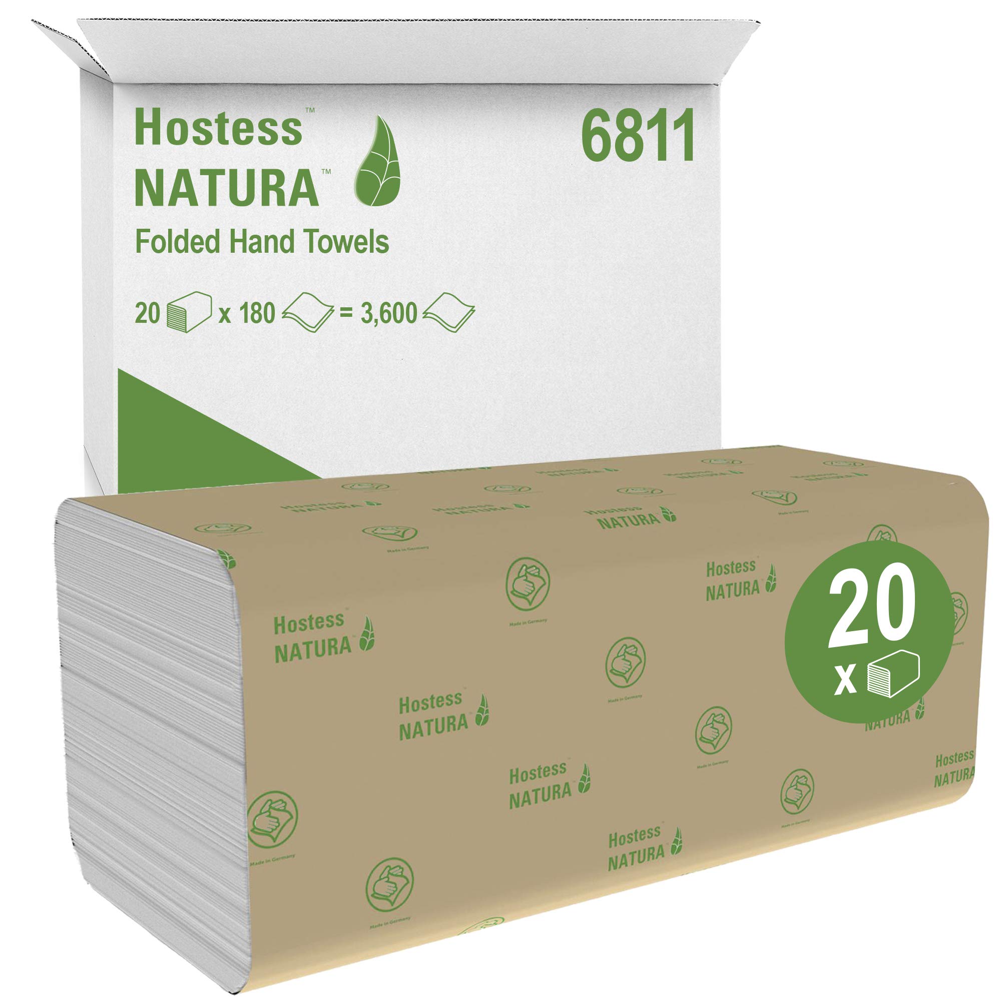 Hostess NATURA, 6811, Folded Hand Towels, 2 Ply, White, 20 packs x 180 sheets