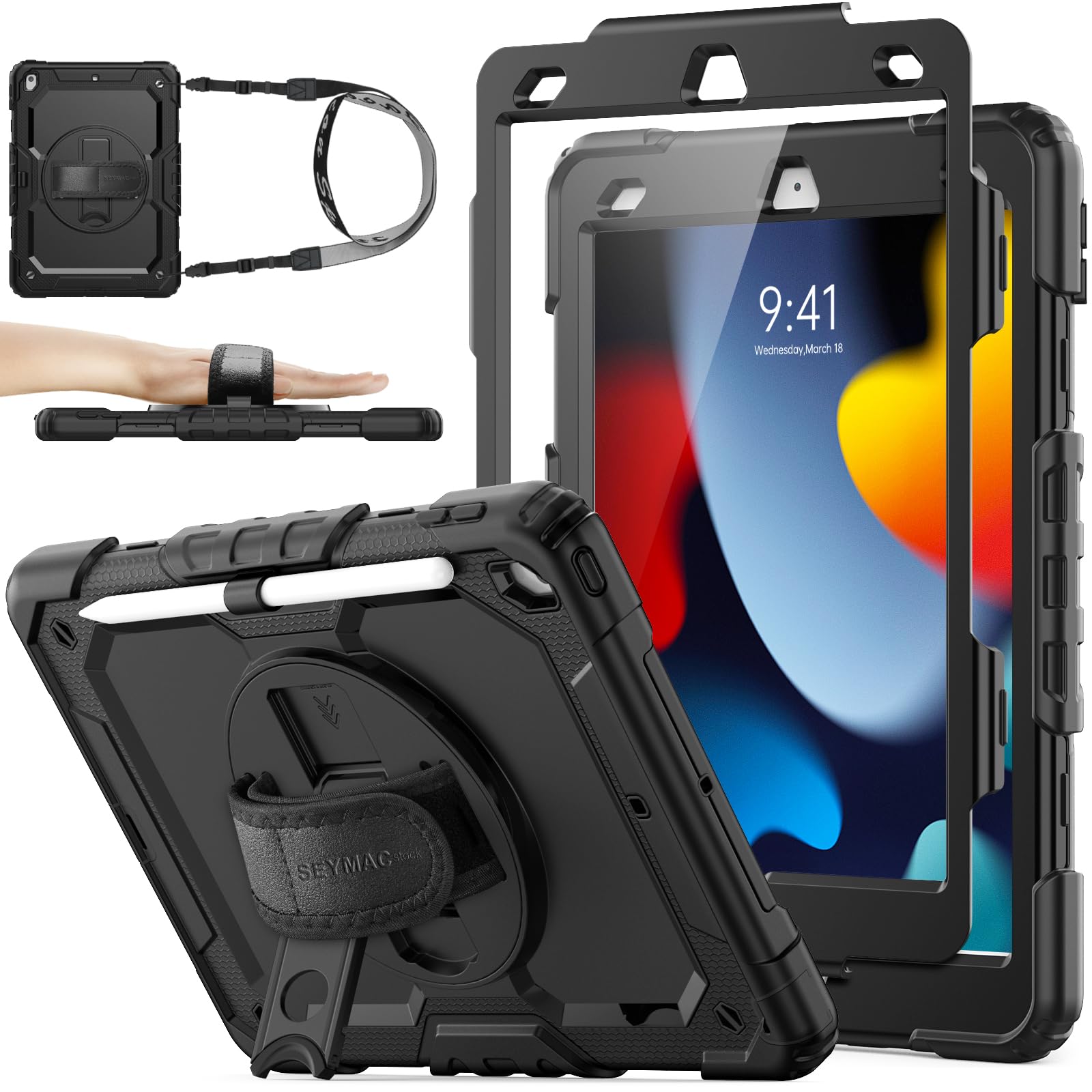 SEYMAC stock Case for iPad 9th/8th/7th Generation (10.2 Inch) 2021/2020/2019, Heavy Duty Shockproof with Screen Protector, 360° Rotating Stand/Hand Strap, Pencil Holder & Shoulder Strap, Black