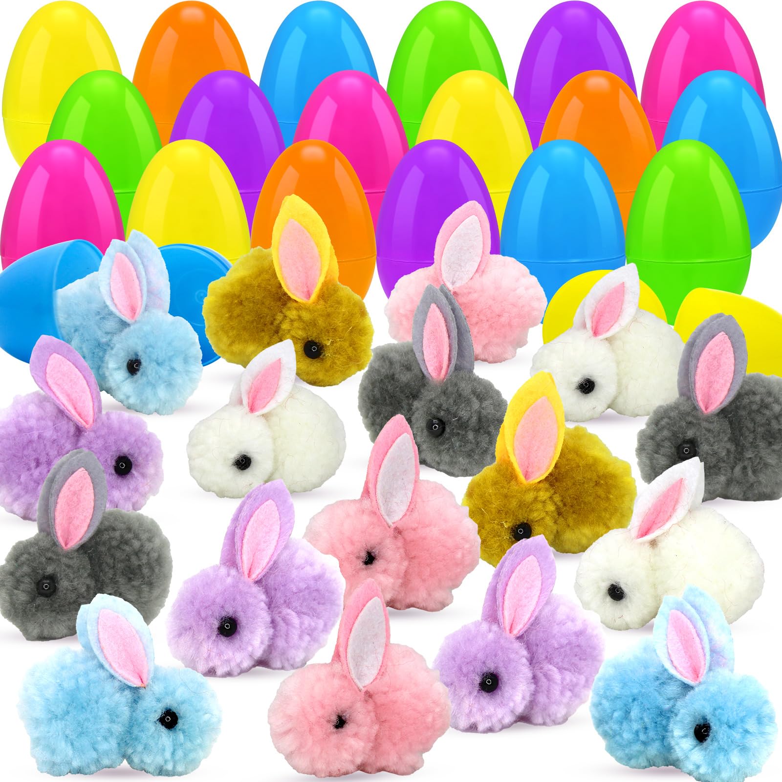 BCUEIDO 24pcs Prefilled Easter Eggs with Plush Bunny for Basket Stuffers, Party Favors, Easter Hunt