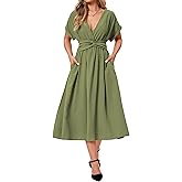 RuoRayVan Women's Summer Casual Short Sleeve Wrap Elastic Wasit Deep V Neck Mid A-Line Loose Dress 2025