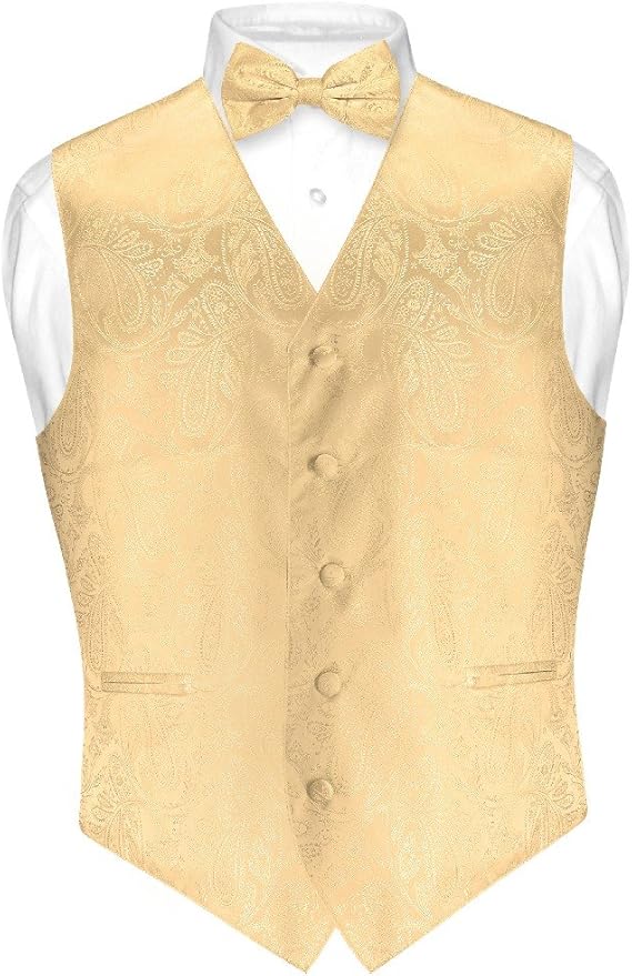 Men's Paisley Design Dress Vest & Bow Tie GOLD Color BOWTie Set for