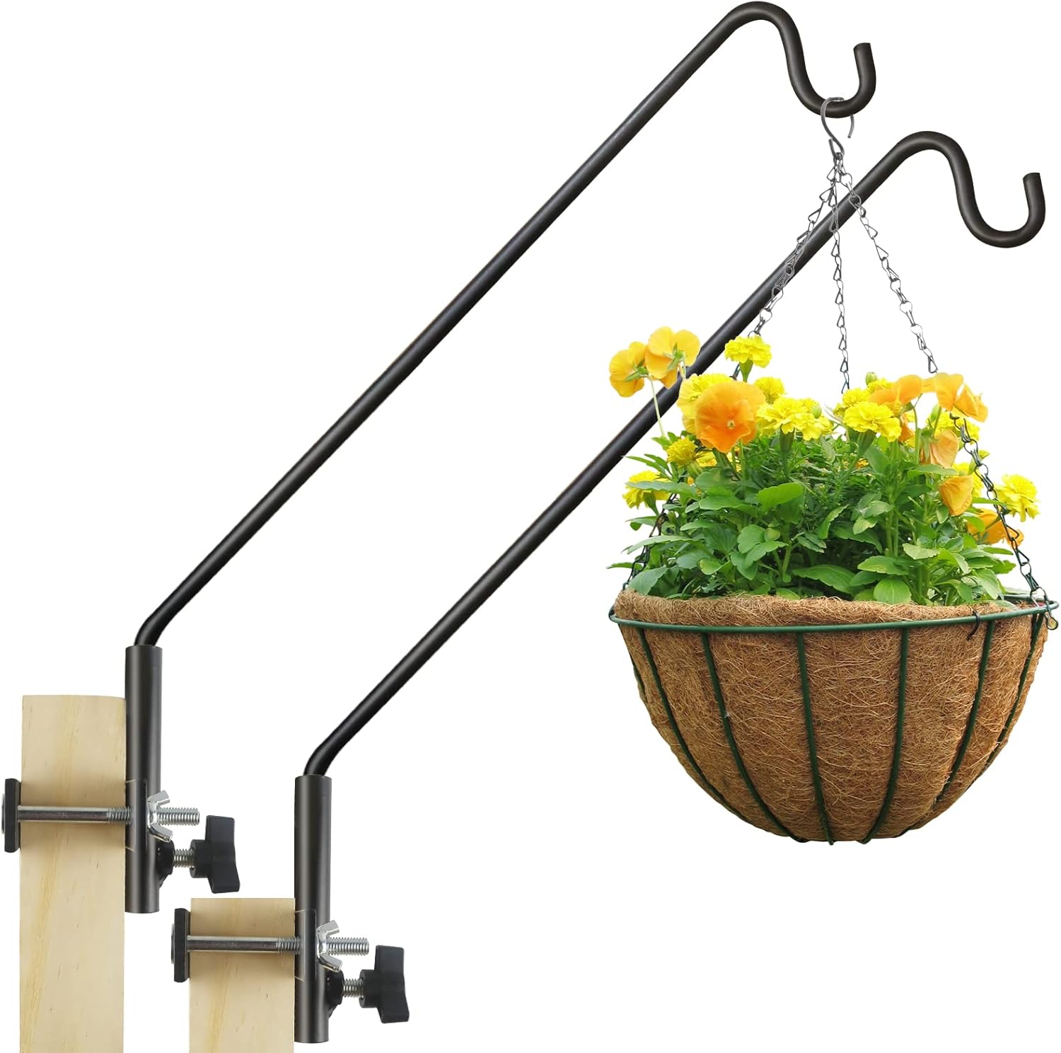 Outdoor Hanging Brackets - 2 Packs Extended Fence Deck Hook Rail Hook Heavy Duty Bird Feeder Hook, 360 Degree Rotary and Length Adjustable Plant Bracket for Bird Feeders Planters Suet Baskets Lanterns Wind Chimes and More