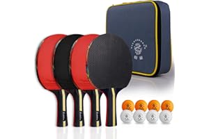 GIANT DRAGON Ping Pong Paddles Set of 4, 5-Layer Table Tennis Paddles with 8 Balls and Carrying Case Soft Sponge Rubber Table Tennis Rackets and 3-Star 40mm Balls for Indoor and Outdoor Playing