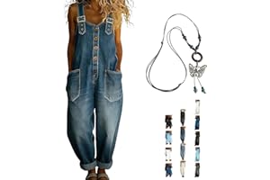 Women’s Denim Bib Overalls Casual Loose Fit Jean Jumpsuit Button Front Wide Leg Sleeveless One Piece Outfit with Pockets