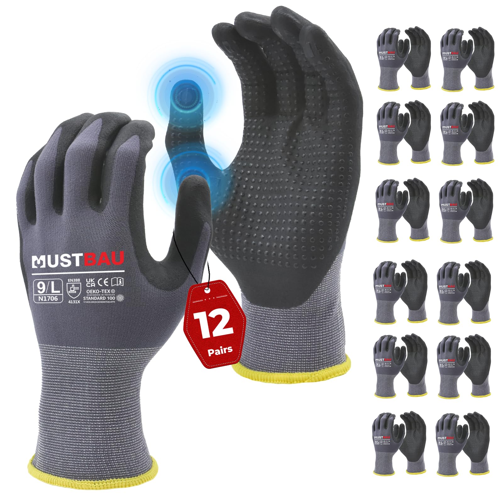 Mustbau 12 Pairs Safety Work Gloves Breathable Nitrile Coated Gloves,Knit Nylon Protective Gloves,Abrasion,Dexterity, Touch Screen, for Most Kinds of Jobs-L