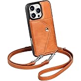 LUCKYCOIN Crossbody Wallet Phone Case for iPhone 16 Pro, Genuine Phone Case with Expandable Wallet Card Holder & Adjustable Removable Crossbody Strap, Phone Purse with Card Slot - Retro Tan