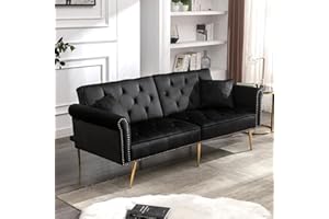 civama Futon Sofa Bed, Velvet 76" Twin Size Couch with 2 Pillows, Convertible 3-Seater 3 Adjustable Angle Tufted Sleeper with Nailhead Trim, Golden Metal Legs Folding Futon for Living Space, Black
