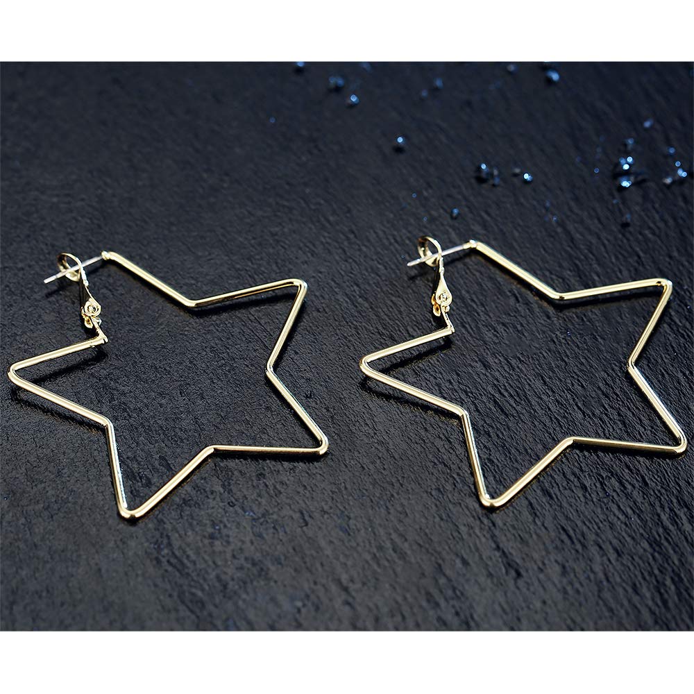 dnswez 14K Gold Plate Pentagram Hoop Earrings Five-pointed Star Brass Statement Earring for Girl Women