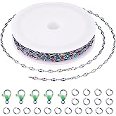Sparkeads 5M Dapped Chain for Jewelry Making,Stainless Steel Chain,Rainbow Color Link Necklaces for Women,Lobster Claw Clasps,Cable Chain for Bracelet DIY Craft Supplies Jewelry Making Kits,4x2x0.5mm
