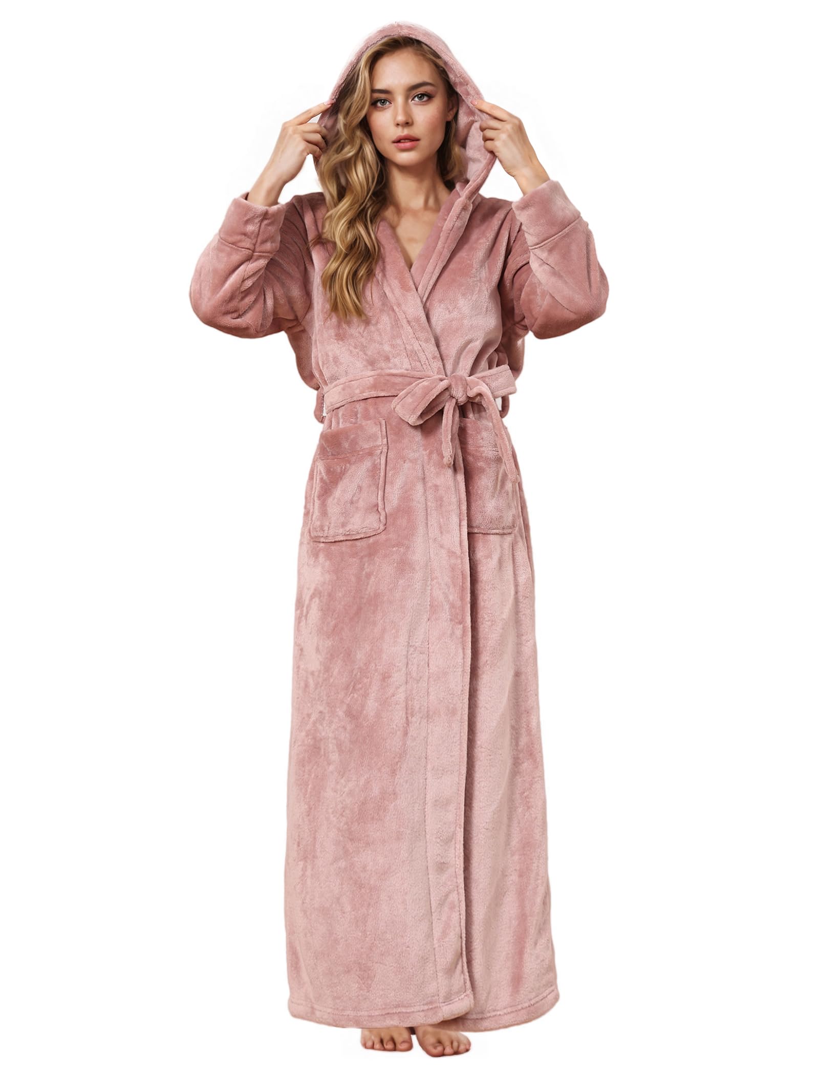 Photo 1 of ***MISSING BELT****Hellomamma Long Hooded Robe for Women Luxurious Flannel Fleece Full Length Bathrobe Winter Warm Pajamas Shower Nightgown Taupe Large
